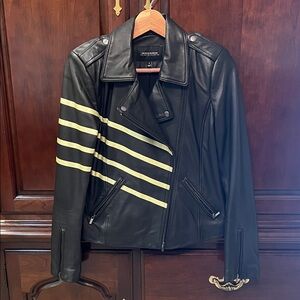 Neiman Marcus Black Leather Moto Jacket with Cream Stripes